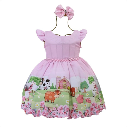 Vestido Infantil Fazendinha Rosa E Tiara 