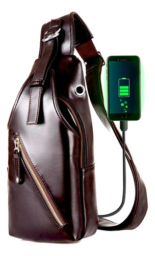 Mochila Para Hombre Mariconera Pechera Hombro Imitación Piel Con Puerto Usb Y Cable Incluido Para Carga De Dispositivos