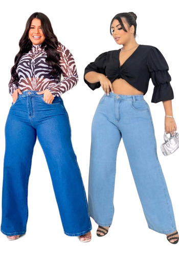 Kit Com 2 Calças Wide Leg Plus Size Jeans Cintura Alta Lisa