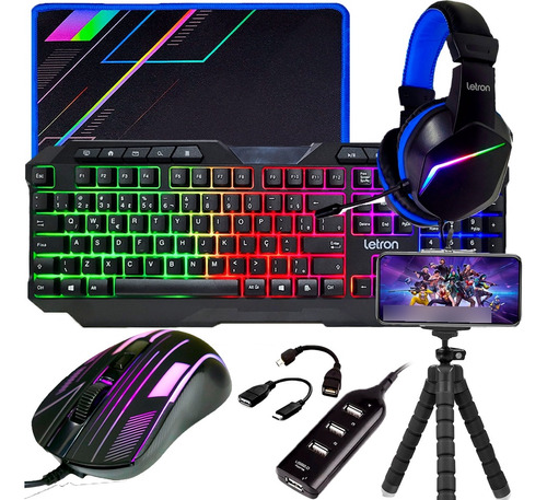 Kit Mobilador Teclado Mouse Pad Headset Hub Otg Tripé Pubg