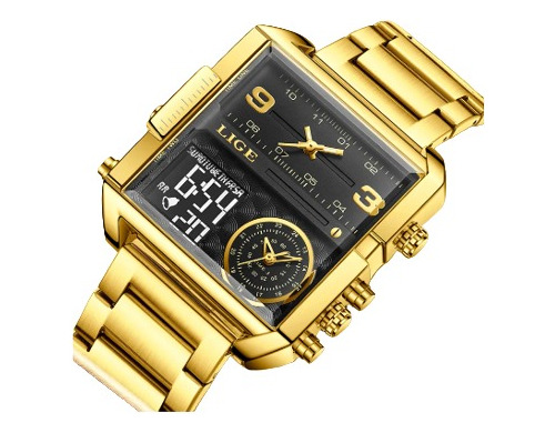 Reloj Dorado Oro Analógico Digital De Cuarz Cuadrado Premium