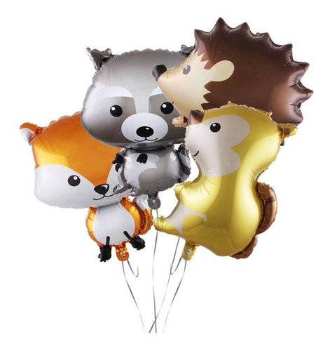 Set Globos Metalizados Bosque X4 65cm Mapache Zorro Ardilla