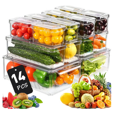 Contenedores Organizador Refrigerador Despensa 14 Pz Con Tapa 2L sin BPA, transparentes,apilable,para almacenar frutas, alimentos, bebidas y verduras en la cocina Transparente | Meses sin interés