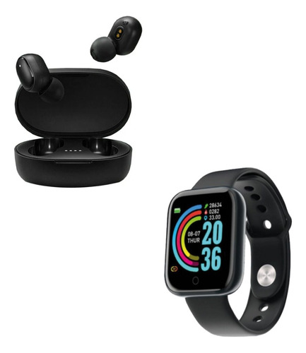 Combo Smartwatch D20 Y68 + Auriculares Inalámbricos Negro