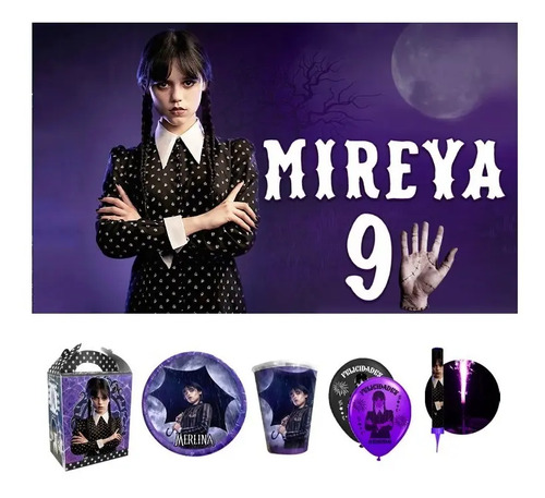 Merlina Fiesta Kit 20 Niños Vasos Platos Lona Vela
