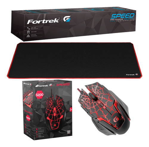 Mouse Gamer Fortrek 3200dpi + Mousepad Gamer Grande Vermelho