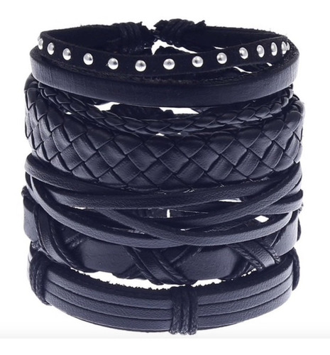 Conjunto Pulsera Brazalete Hombre Moda Cuero 5 En 1 Puntos