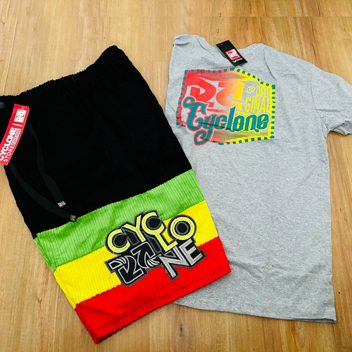 Kit Bermuda Da Cyclone Veludo Do Reggae + Camiseta Cinza