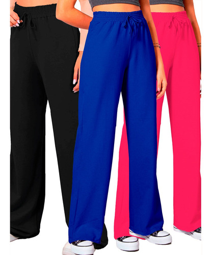 Calça Liso Sofisticada Básica Pantalona Kit 3 Peças Elástica