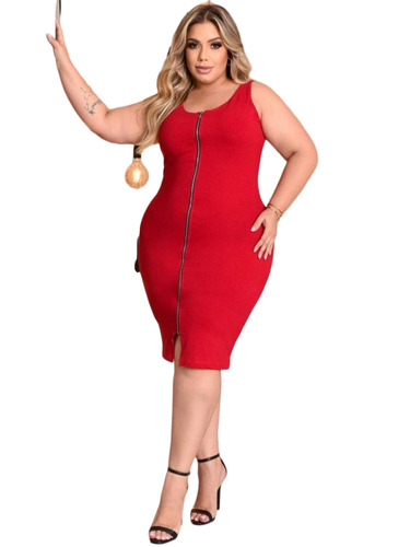 Vestido Feminino Plus Size Tubinho Com Detalhe Zíper Frontal