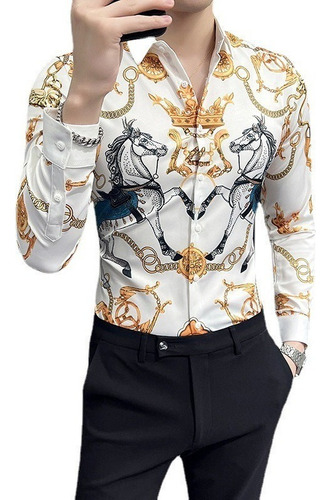 Camisa Manga Larga Estampado Cadenas Lujo Para Hombres Moda