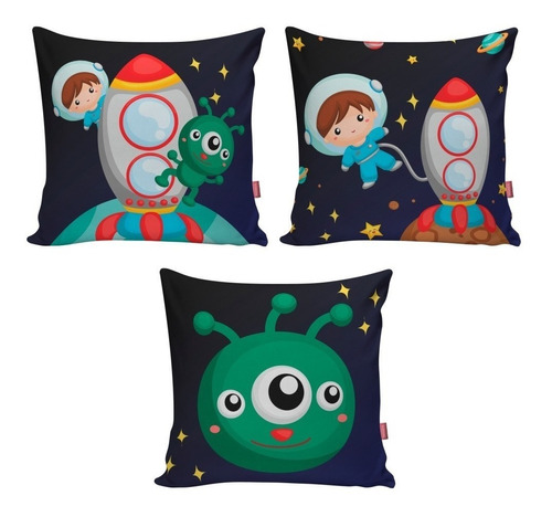 Kit 3 Capas Almofadas Astronauta Quarto Infantil Decoração 