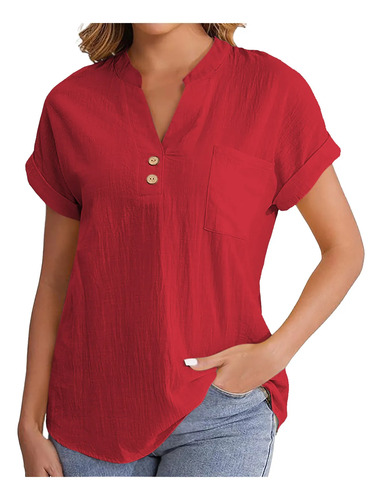 Blusa Mujer Con Bolsillos Casual Cuello En V Manga Corta Lis