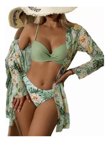 Conjunto Saída De Praia Quimono Feminino + Biquíni Florido