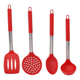 Kit 4 Talheres Silicone Cabo Inox C/ Revestimento Silicone Cor Vermelho