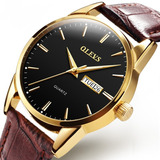 Relógio Masculino De Luxo Dourado Social + Pulseira Bolinhas Cor Da Correia Marrom Cor Do Fundo Preto