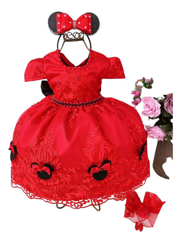 Vestido Infantil Princesa Temático Minnie Vermelho.