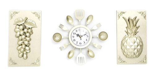 Reloj De Pared Cubiertos Cocina + 2 Cuadros Decorativos