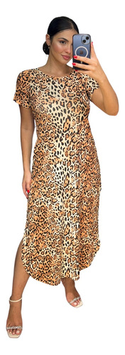 Vestido Camiseta Maxi Animal Print Com Bolsos E Fendas Tds07