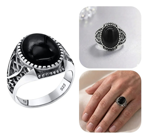 Anel Masculino De Prata 925 Oval Black Onix - Exclusivo