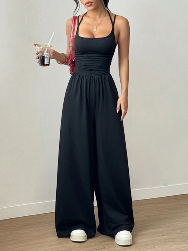 Jumpsuits Casual Dama Elegante Mono Noche Negro Sin Tirantes