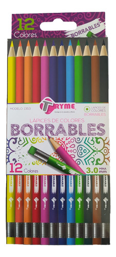 Lápices De Colores Borrables Tryme Con 12 Pzs Colores Vivos