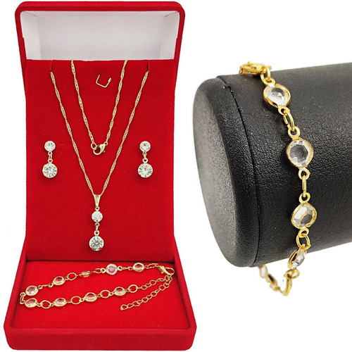 Colar Feminino + Pulseira + Brincos Banho De Ouro Presentes