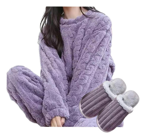 Conjunto Polar Mujer Pijama + Pantuflas Invierno 