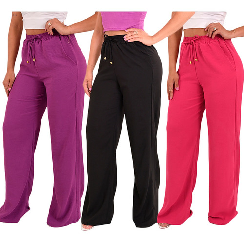 Kit 3 Calças Pantalona Feminina Cintura Alta Tendência Moda