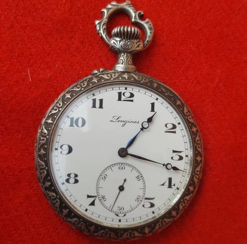 Antiguo Reloj Bolsillo Longines Plata 900 Con Relieve Dama
