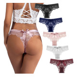 Pack 5 Tanga Sexy De Encaje Con Moño, Calzón, Ropa Interior