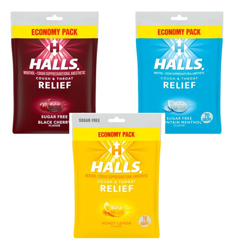 3 Pack Halls Sugar Free Menthol, Honey Lemon Y Bllack Cherry