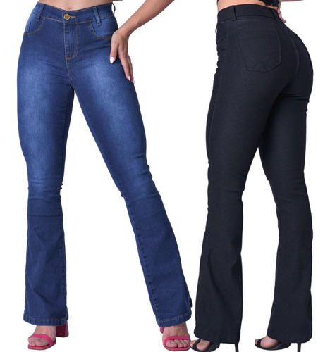 Kit 2 Calça Jeans Flare Feminina Cintura Alta Boca Larga