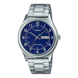 Reloj Casio Mtp-v006d-2b, Clásico Y Duradero Color De La Correa Plateado Color Del Bisel Plateado Color Del Fondo Azul
