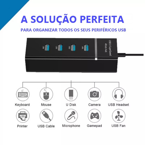 Hub Regua Usb 3.0 4 Portas Alta Velocidade Windows Mac