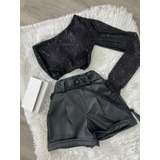 Conjunto Cropped Com Bojo De Amarrar Atrás+ Short Soltinho 