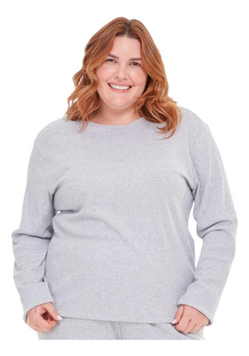 Blusa De Pijama Canelada Manga Longa Plus Size Feminina