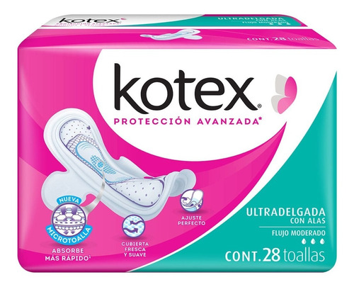 Toallas Femeninas Kotex Ultradelgada Con Alas 28 Toallas