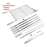 Kit Churrasco Grelha Inox 50x40 E 6 Espetos E Pegador Carnes