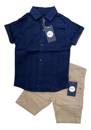 Conjunto Camisa Jeans Bermuda Masculina Infantil Menino.