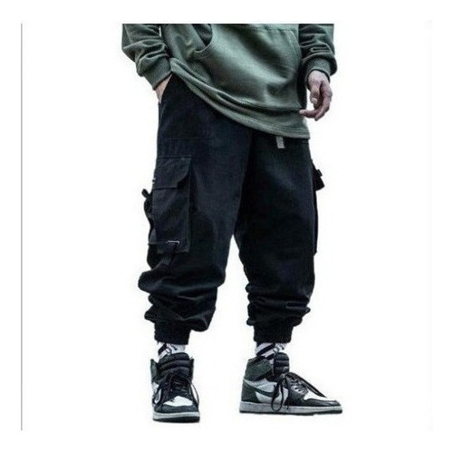 Negro Cargo Hombres Pantalones Hip Hop Skinny