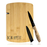 Set De 3 Piezas  Bon Appetit  De Tabla Y Cuchillo De Bambú -