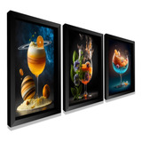 Kit Quadros Decorativo Drinks Taças Abstratas Cozinha 3pç Ys