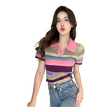 Suéter Camiseta Listrada Gola Polo Feminina Slim Fit