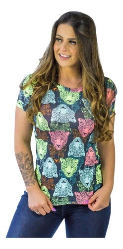 Blusa Feminina Verão Curta Estampada Básica Onça Neon