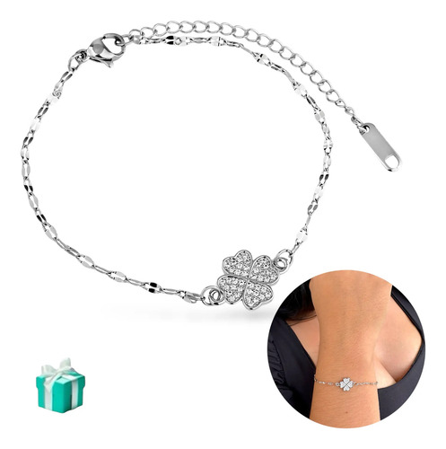 Pulseira Bracelete Feminino Aço Inox Pingente Trevo Prata