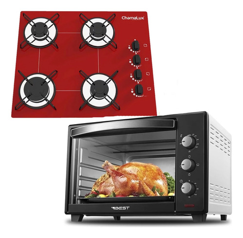 Fogão Cooktop 4 Bocas Vermelho + Forno De Eletrico 60 Litros