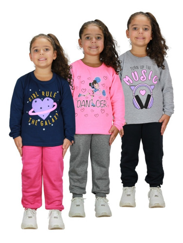 Kit 3 Conjunto Moletom Feminino Infantil 1/2/3/4/6/8 Anos 