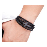 Pulsera De Acero Para Hombre, Brazalete Negro Cuero Cruz 