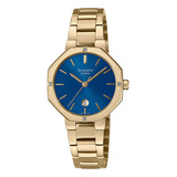 Reloj Mujer Casio She-4543g-2audf Sheen Correa Dorado Bisel Dorado Fondo Azul